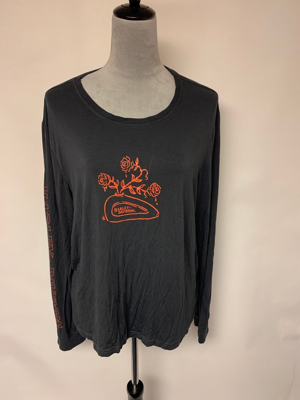 Harley Davidson Tee Fine Art Line Rose & Motorcycle Gas TankWomens Size XL